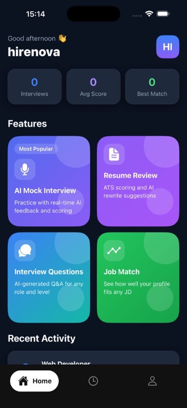 HireNova home screen